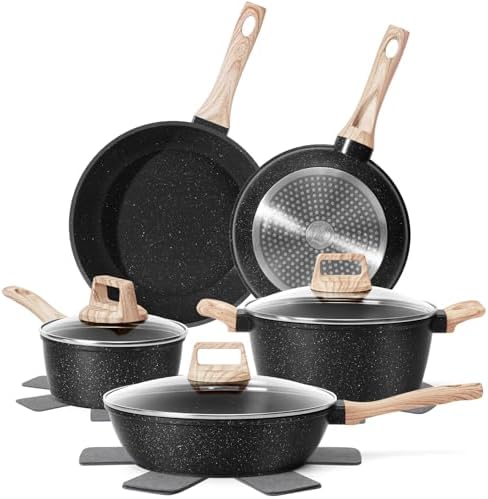 SODAY Pots and Pans Set Non Stick, 12Pcs Black Granite Induction