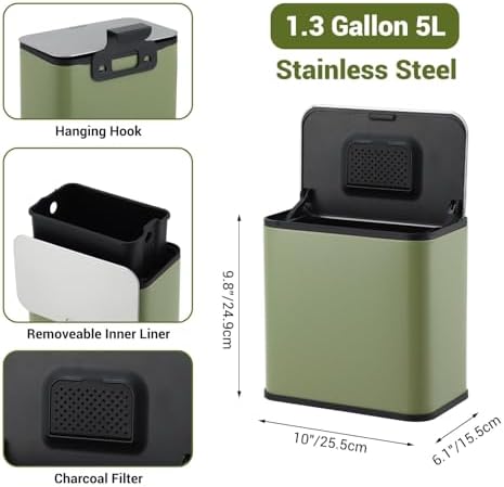 1.3 Gallon Kitchen Compost Bin with Lid – Odor Control Charcoal