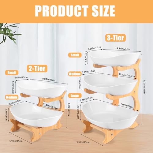 RETON 2 Tier Fruit Bowl for Kitchen Countertop, Plastic Fruit Basket Rack with Bamboo Wood Stand for Tiered Vegetable Storage Tray, Salad Cake Snack Dessert Party (White)