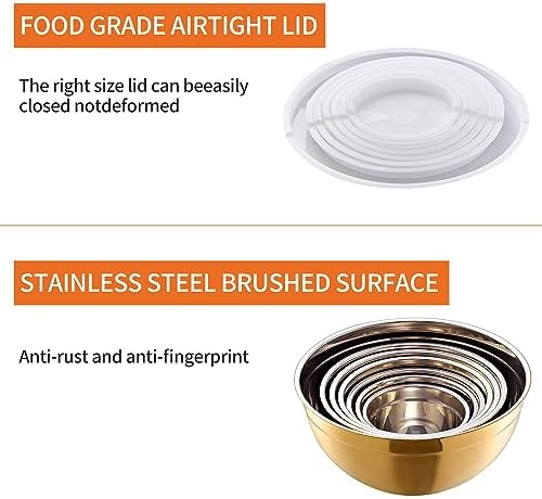 Gold Mixing Bowls with Airtight Lids, Stainless Steel Nesting Mixing