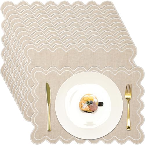 Linen Placemats Set of 12 Scalloped Placemat 13 X 19,Regular,Cream