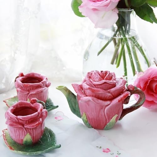 Ceramic Rose Tea Pot Set, 3D Hand-painted Rose Red Flower Cup and