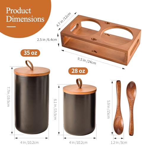 Black Ceramic Canister Set of 2 with Bamboo Lids, Wooden Stand &