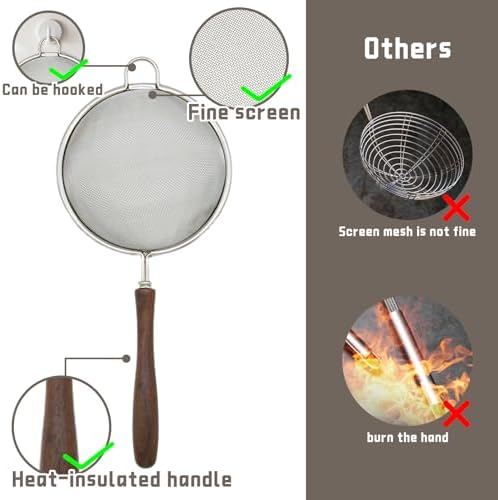 Flylin 3Pcs Stainless Steel Silver Walnut Long Handle Mesh Strainer