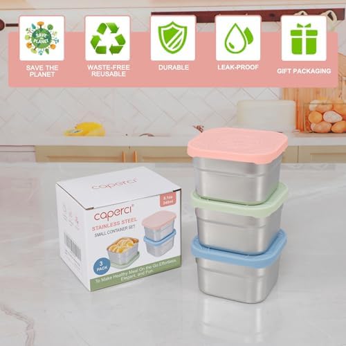 Caperci 3-Pack Stainless Steel Snack Containers with Silicone Lids