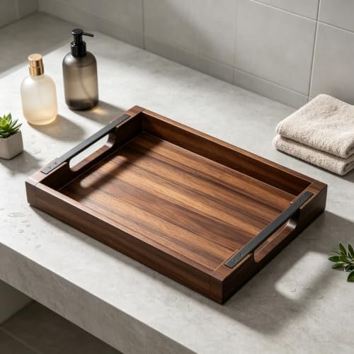 Acacia Wood Serving Tray with Metal Handle, 17X13In Tray for Ottoman