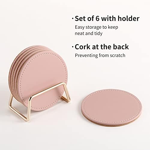 CASEGRACE Drink Coasters with Metal Holder Stand Set of 6, PU Leather