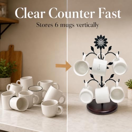 WARMEST SPIRIT Sunflower Coffee Mug Tree, Decorative 6-Hook Black