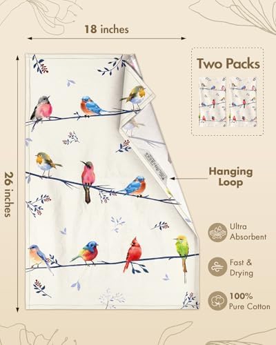 Miss Adola 150GSM Flour Sack Kitchen Towels Set of 2, Watercolor Bird