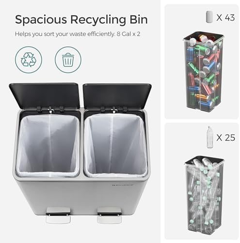 SONGMICS 2 x 8 Gallon Trash Can, Silver and Black