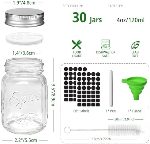 CycleMore 30 Pack 4oz Round Glass Spice Jars with Shaker Lids & Metal