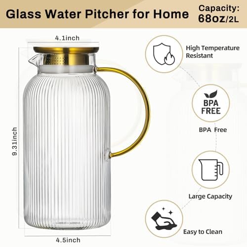 Buaic 2 PACK Glass Pitcher with Lid, 68 oz Glass Carafe with Silicone