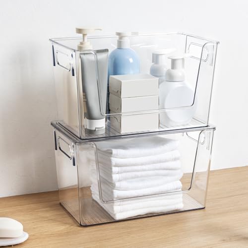 2 Pack Stackable Storage Bins with Open Front, Clear