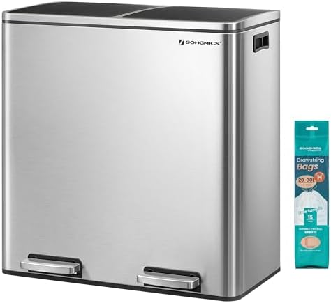 SONGMICS 2 x 8 Gallon Trash Can, Silver and Black