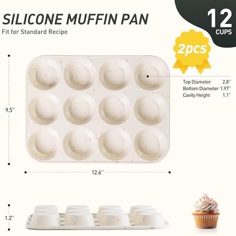 2 Pack 12 Cups Silicone Muffin Pan with Metal Reinforced Frame Regular