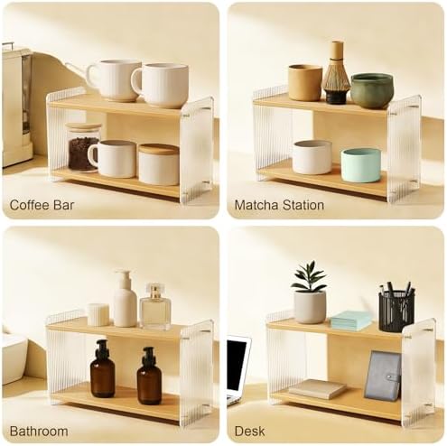 2-Tier Coffee Station Organizer & Matcha Shelf, Wood and Acrylic Mug