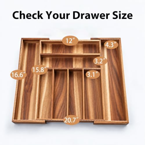 KITEISCAT Acacia Wood Expandable Silverware Organizer, Kitchen Utensil
