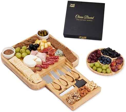 YZS Bamboo Charcuterie Board Set with 4 Cheese Knives, 13 Inch