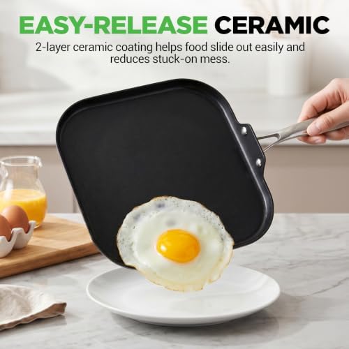 NutriChef 11-Inch Griddle Pan | Ceramic Non-stick with Induction Base