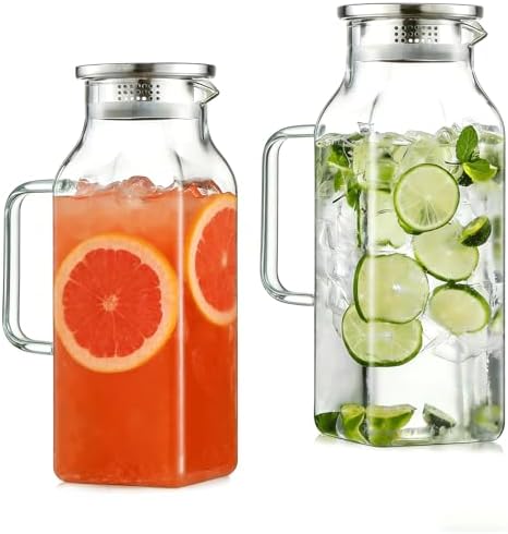2 Pack 2 Liters/68 oz Square Glass Pitcher with Lid and Handle, Glass