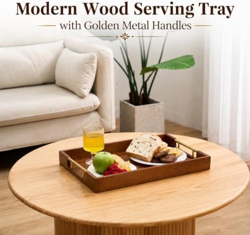 Acacia Wood Serving Tray with Gold Handles – Coffee Table & Ottoman