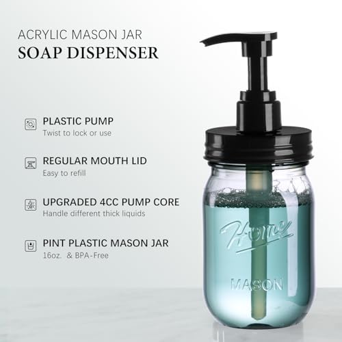 Amolliar Plastic Mason Jar Soap Dispenser with Pump Lid 16OZ -2 Pack