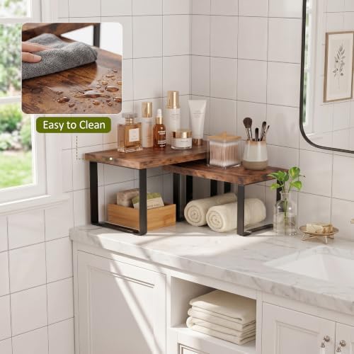 Cabinet Organizer Shelf, Kitchen Counter Shelves Set of 2, Expandable Spice Rack,Kitchen Storage Riser,Stackable, for Kitchen, Countertop, Office Desk, Living Room, Rustic Brown
