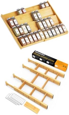 SpaceAid Bamboo Spice Drawer Organizer and Bamboo Drawer Dividers with