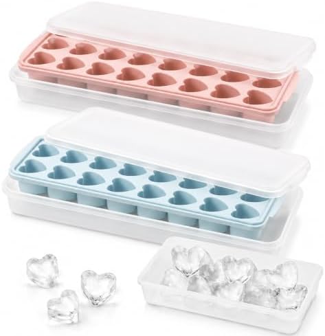 2 Pack Heart Shpaed Ice Cube Trays with Lids and Bins Ice Molds with