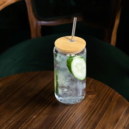 YOUKE OLA 20 Pack Glass Cups with Bamboo Lids and Metal Straw Can