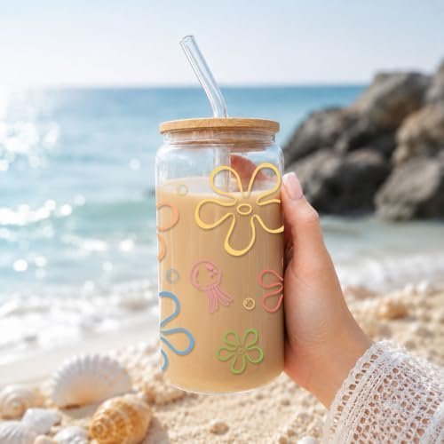 Mikopei beach gifts for women, Sea Glass Cup with Lid and Straw, 16 oz