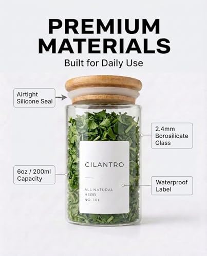 Bloomondo Glass Spice Jars with Label Pack (12x Bamboo Lid Glass Jar)