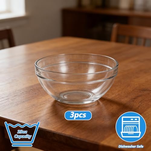 3pcs Tempered Glass Prep Bowls Glass Bowl Set 6.7 Inch Salad Bowls