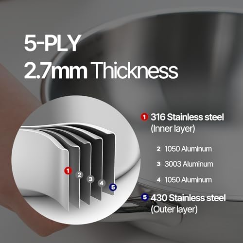 316 Stainless Steel 11-Inch 4.5 Quart Heavy Duty Wok pan with Lid and Steamer, Stir Fry Pan, 5Ply, Induction Cookware, Dishwasher Safe, Oven Safe