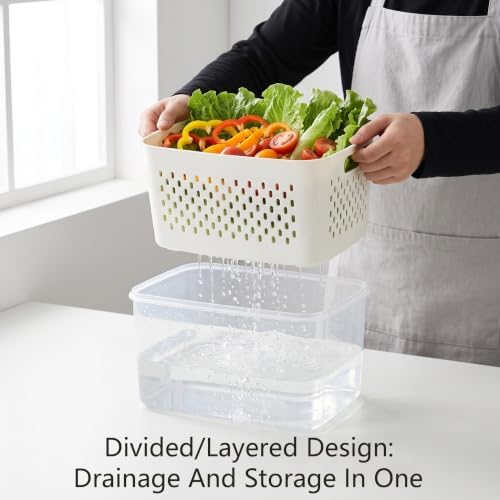 5 Pack BPA-Free Produce Keeper, Food Storage Container w/ Drain Basket