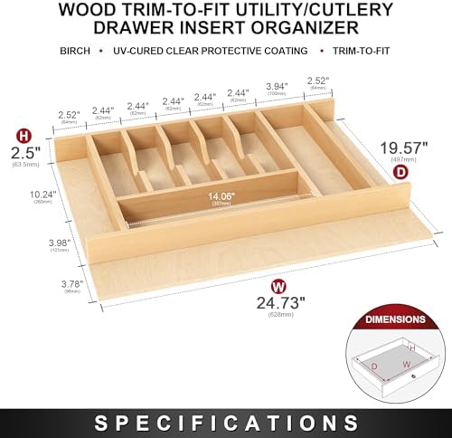 Clikuutory Natural Birch Wood Utensil Drawer Insert Organizer with 10
