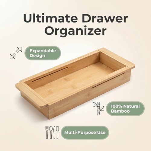 Expandable Bamboo Drawer Organizer, 12.4-17.7 Inch Sliding Utensil