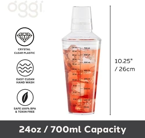 OGGI Clear Cocktail Shaker - 24 oz / 700 ml, Clear Durable Plastic