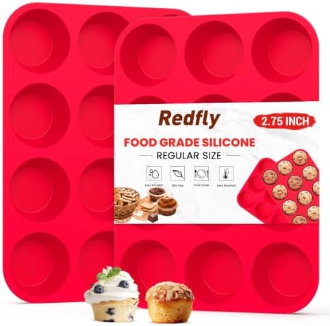 Redfly 2 Pack Silicone Muffin Pans for Baking & Cupcake Pan - 12 Cup