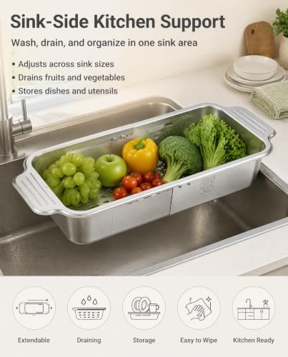 Extendable Over Sink Basket, 304 Stainless Steel Colander