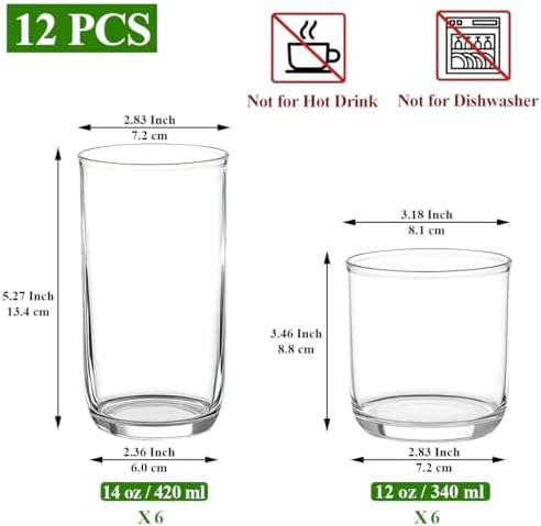 Kyraton Drinking Glasses Set of 12, PET Clear Plastic Highball Glasses