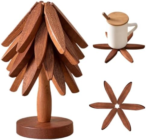 Natural Foldable Black Walnut Wooden Trivet Set - 4 Trivets + 1 Stand