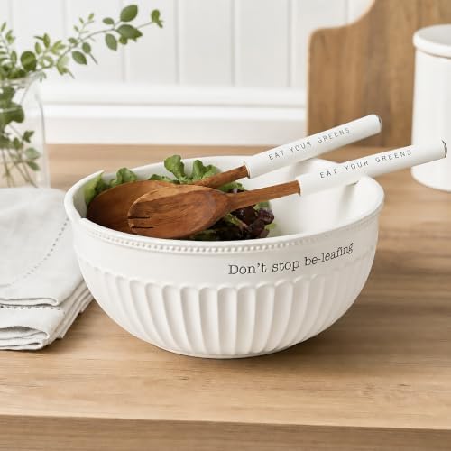 Mud Pie Dolomite, wood Don't Stop Be-Leafing Salad Bowl Set, 32 oz
