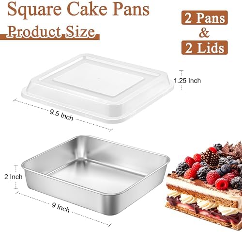 LIANYU 9 x 9 Square Baking Pan with Lid, 2 Pack Stainless Steel Cake