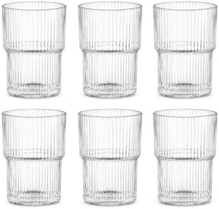 Clear Ribbed Glass Cups, Set of 6, 13 oz Stackable Drinking Glasses