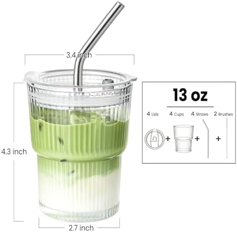 TUZAZO 4 Pack 13oz Ribbed Glass Tumblers with Lids and Straws