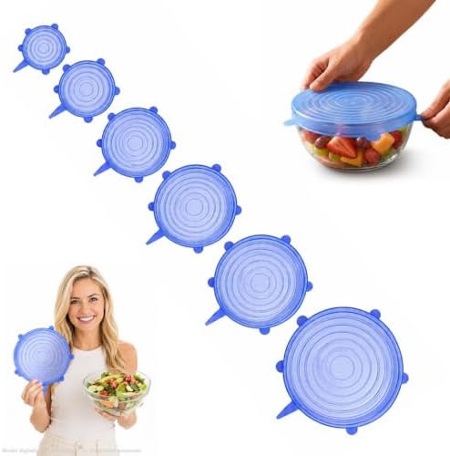 Silicone Stretch Lids, 6 Pack, Reusable Food Covers, Blue