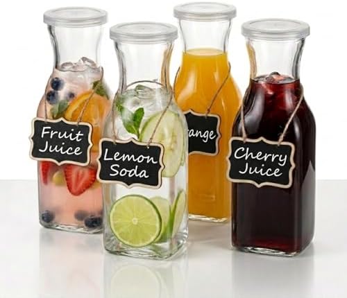 4Pcs Square Glass Carafe Juice Containers 1 Liter Clear Glass Pitcher