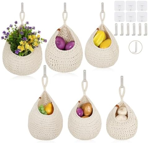 Hanging Fruit Baskets for Kitchen - 6 Pack Boho Wall Hanging