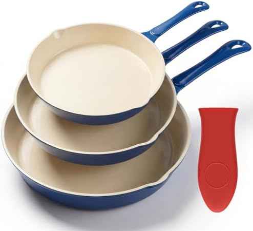 Enameled Cast Iron Skillet 3-Piece Set, Nonstick Heavy-Duty 11", 10", 8.6" Frying Pan, Oven & Induction Safe, Cookware for Gas, Electric, Ceramic Stovetops, Blue